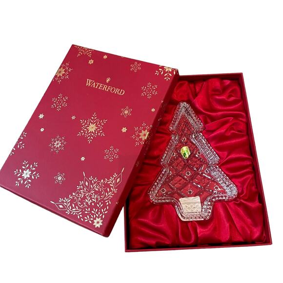 WATERFORD Crystal Christmas Tree Candy Dish Tray in Holiday Red Gift Box NEW